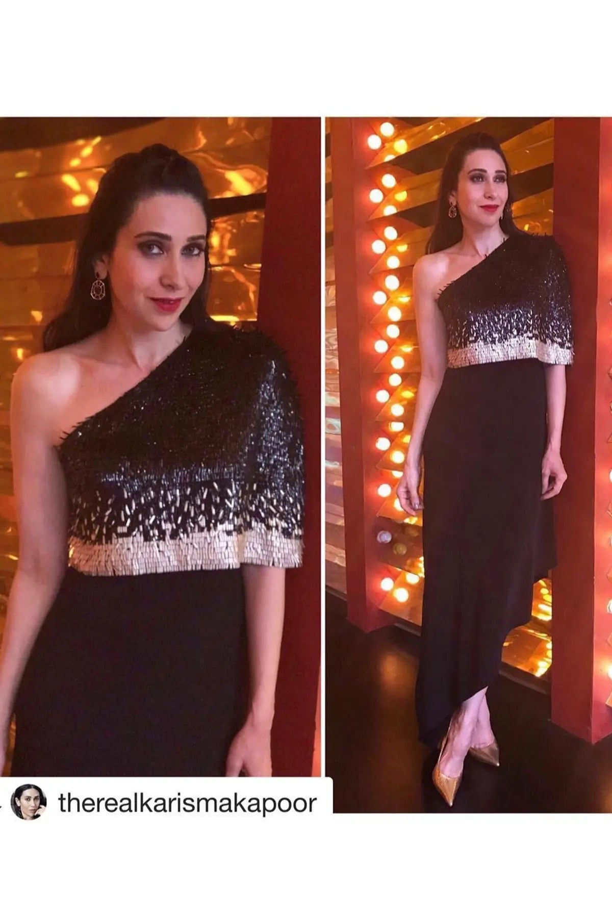 Karishma Kapoor in Black and Gold Asymmetric NJ Signature Sequin Embellished Dress Namrata Joshipura Online (Celebrity Muses)