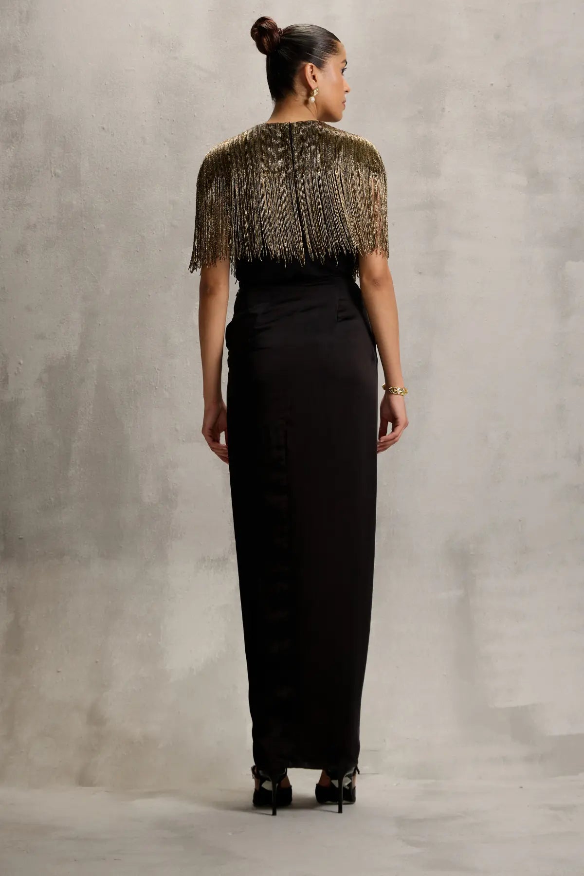 Akari Gold Fringe Wrap with Drape Skirt Namrata Joshipura