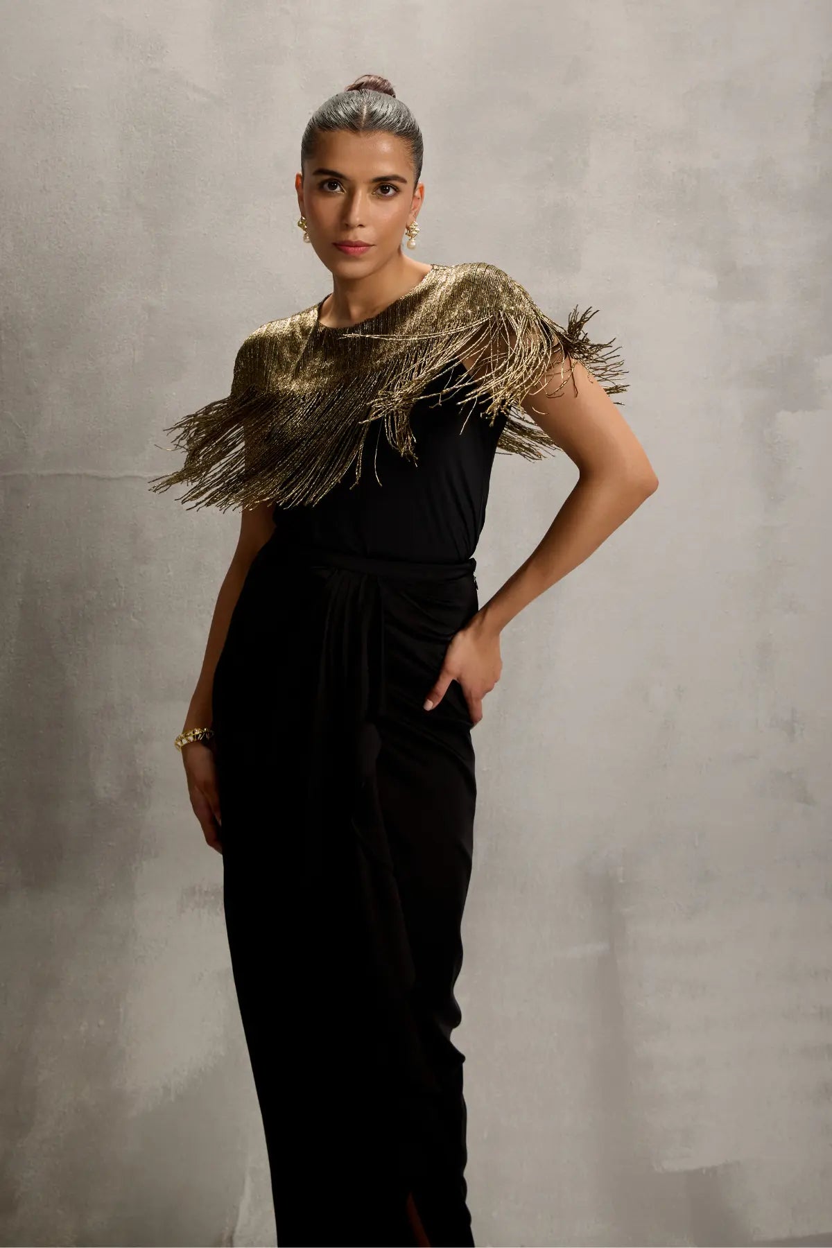 Akari Gold Fringe Wrap with Drape Skirt Namrata Joshipura