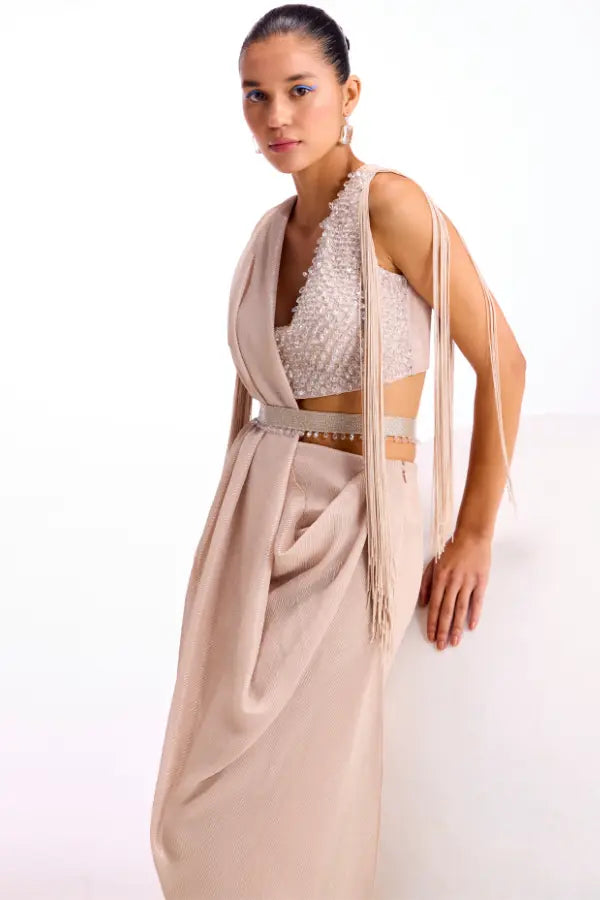 Crystal Drop Fringe Drape Saree Namrata Joshipura
