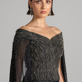 MIDNIGHT TIDE OFF SHOULDER CAPE SLEEVE JUMPSUIT