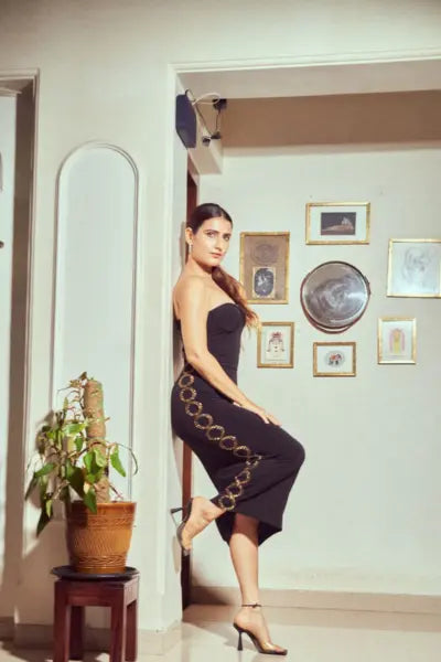 FATIMA SANA SHAIKH IN METALLIC CHAIN DRESS Namrata Joshipura Online (Celebrity Muses)