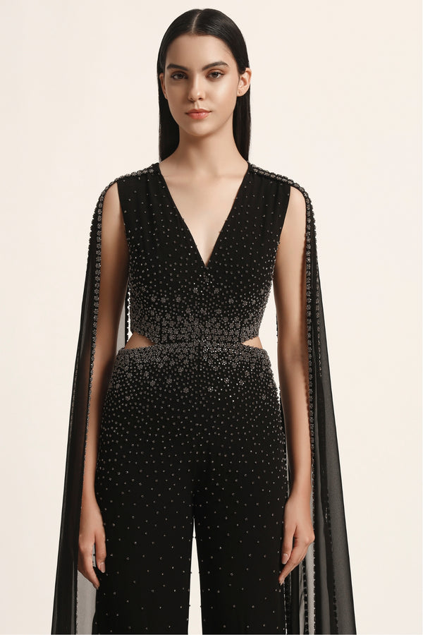 Silver Dust Side Cut Jumpsuit With Cape Sleeve