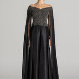 MIDNIGHT TIDE OFF SHOULDER CAPE SLEEVE JUMPSUIT