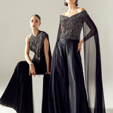 MIDNIGHT TIDE OFF SHOULDER CAPE SLEEVE JUMPSUIT