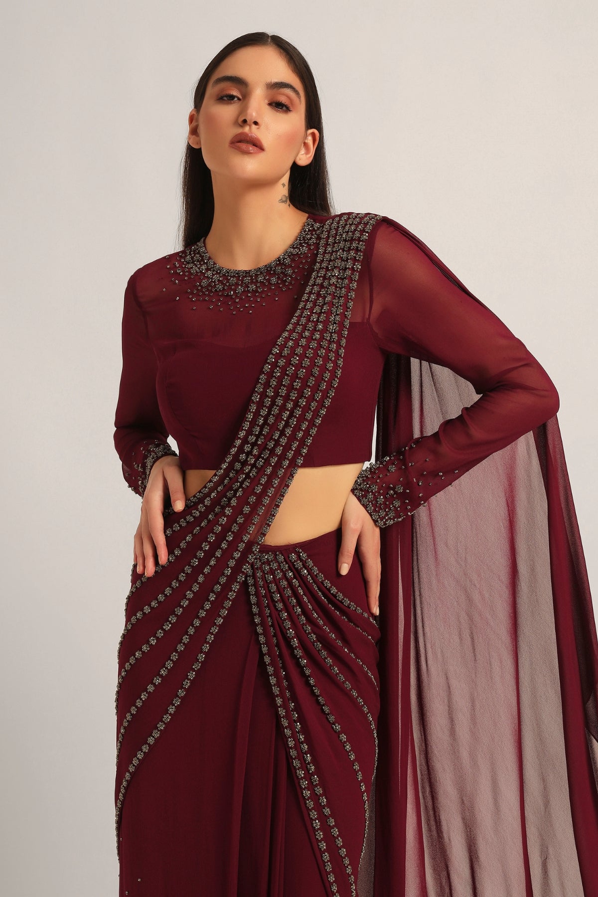 SILVER DUST EMBELISHED DRAPE SAREE Namrata Joshipura Online