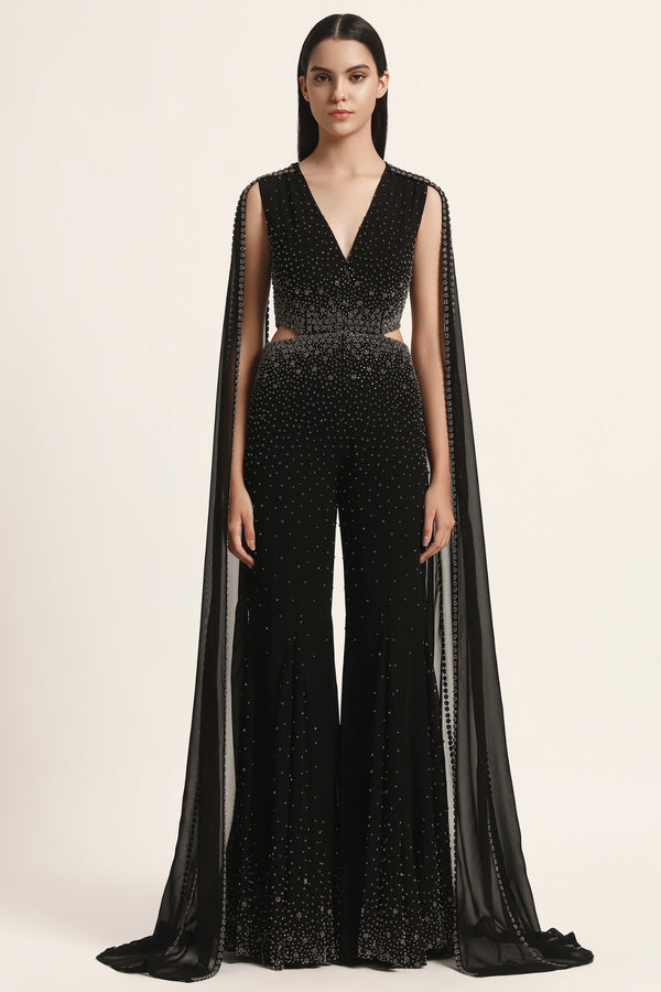 Silver Dust Side Cut Jumpsuit With Cape Sleeve