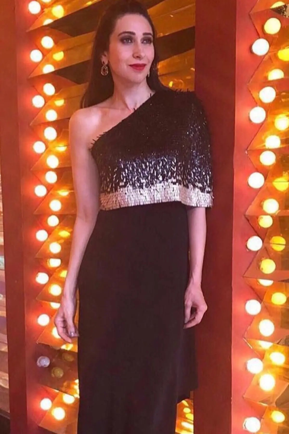 Karishma Kapoor in Black and Gold Asymmetric NJ Signature Sequin Embellished Dress Namrata Joshipura Online (Celebrity Muses)