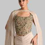 GILDED JEWEL CORSET WITH DRAPED SKIRT AND CAPE