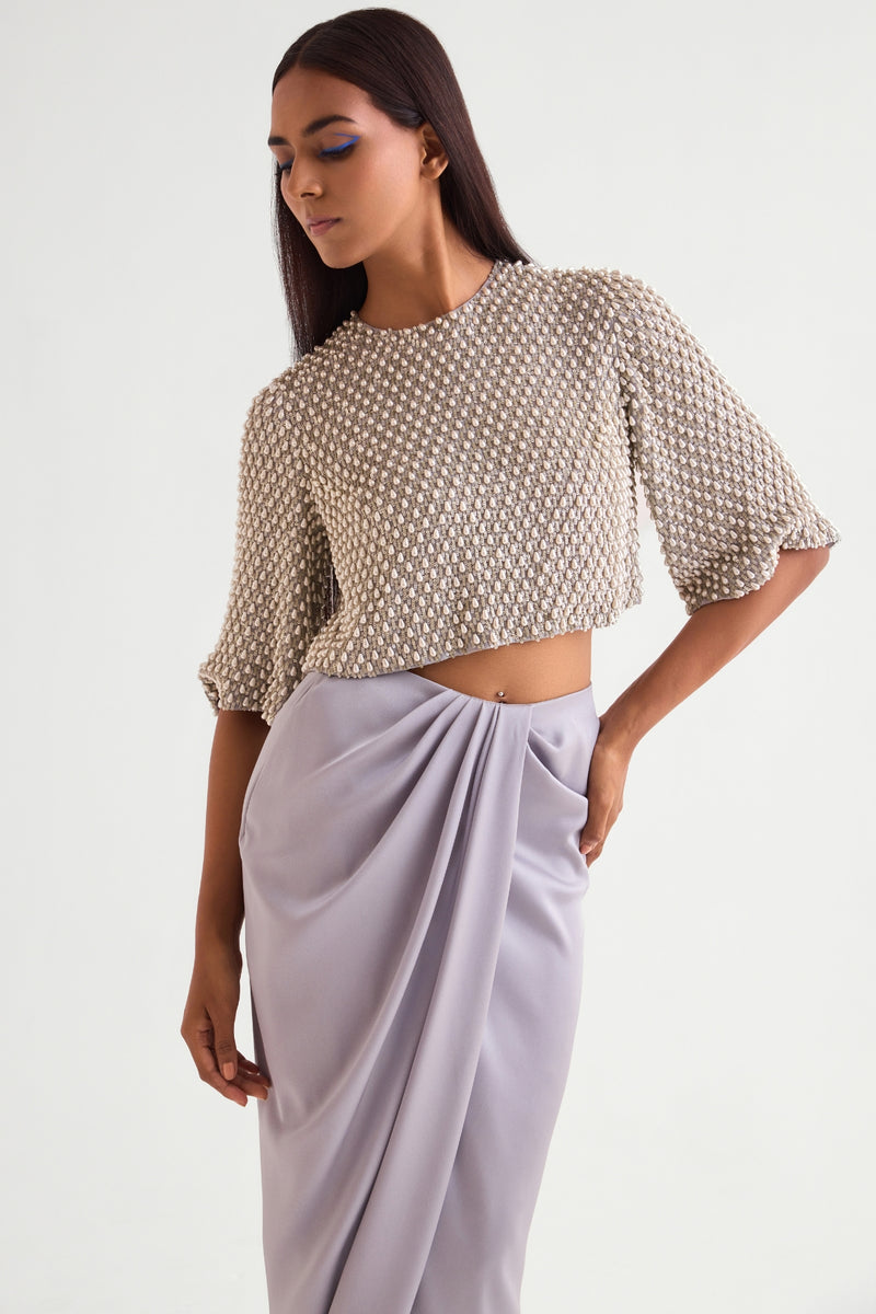 Pearl Drops Crop Top With Draped Skirt