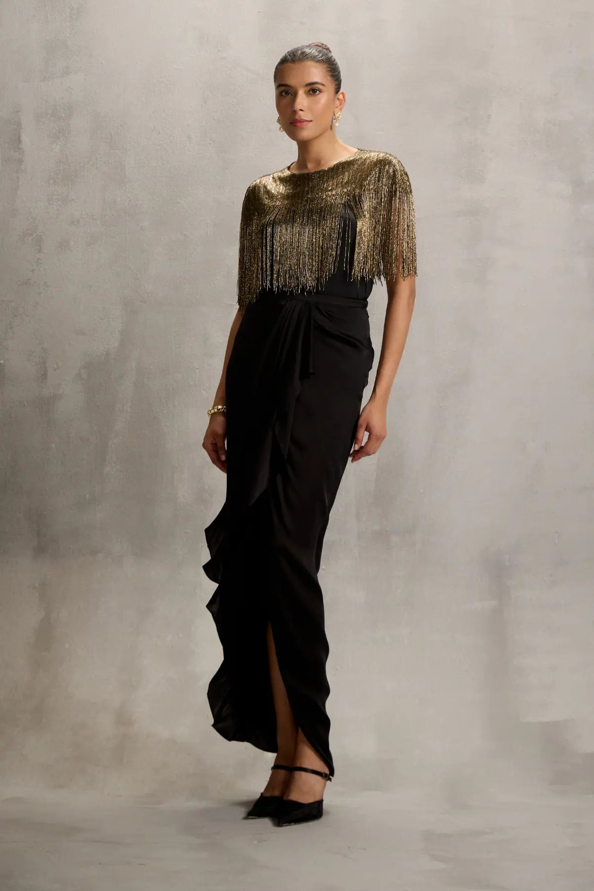 Akari Gold Fringe Wrap with Drape Skirt Namrata Joshipura