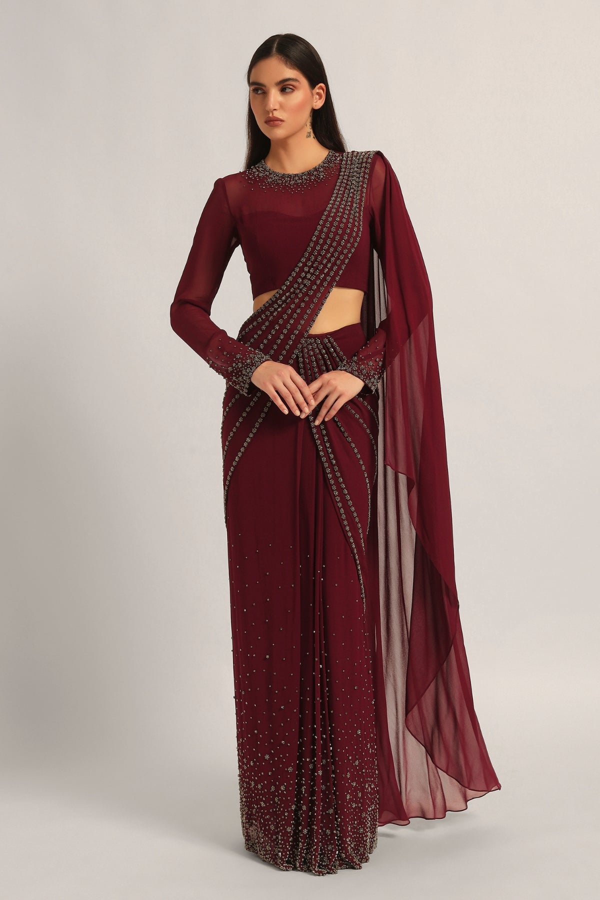 SILVER DUST EMBELISHED DRAPE SAREE Namrata Joshipura Online