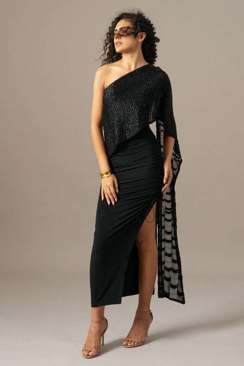 Grille One Shoulder Gown