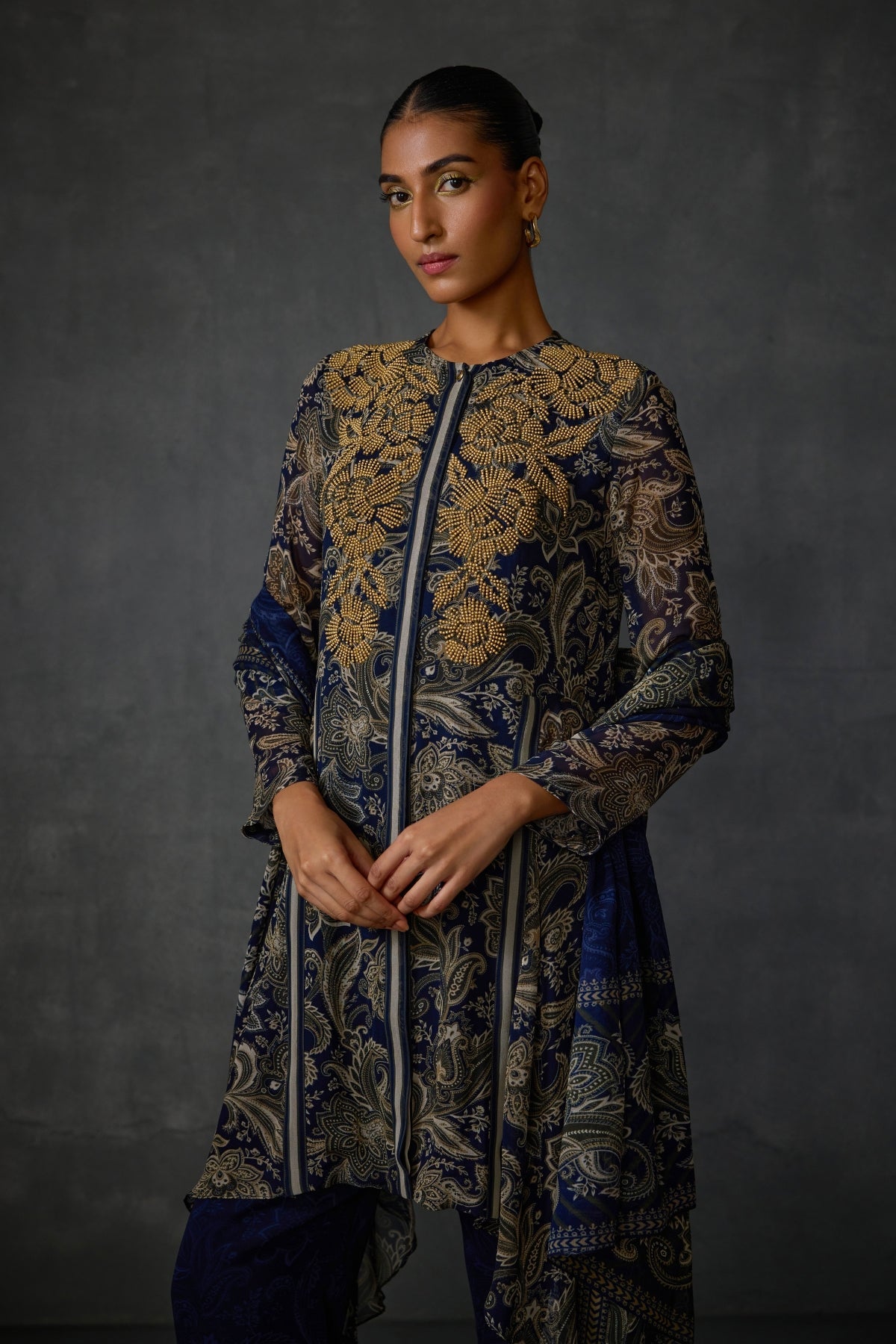 Myrrah Paisley Trapeze Asymetric Kurta Set With Dupatta Namrata Joshipura Online