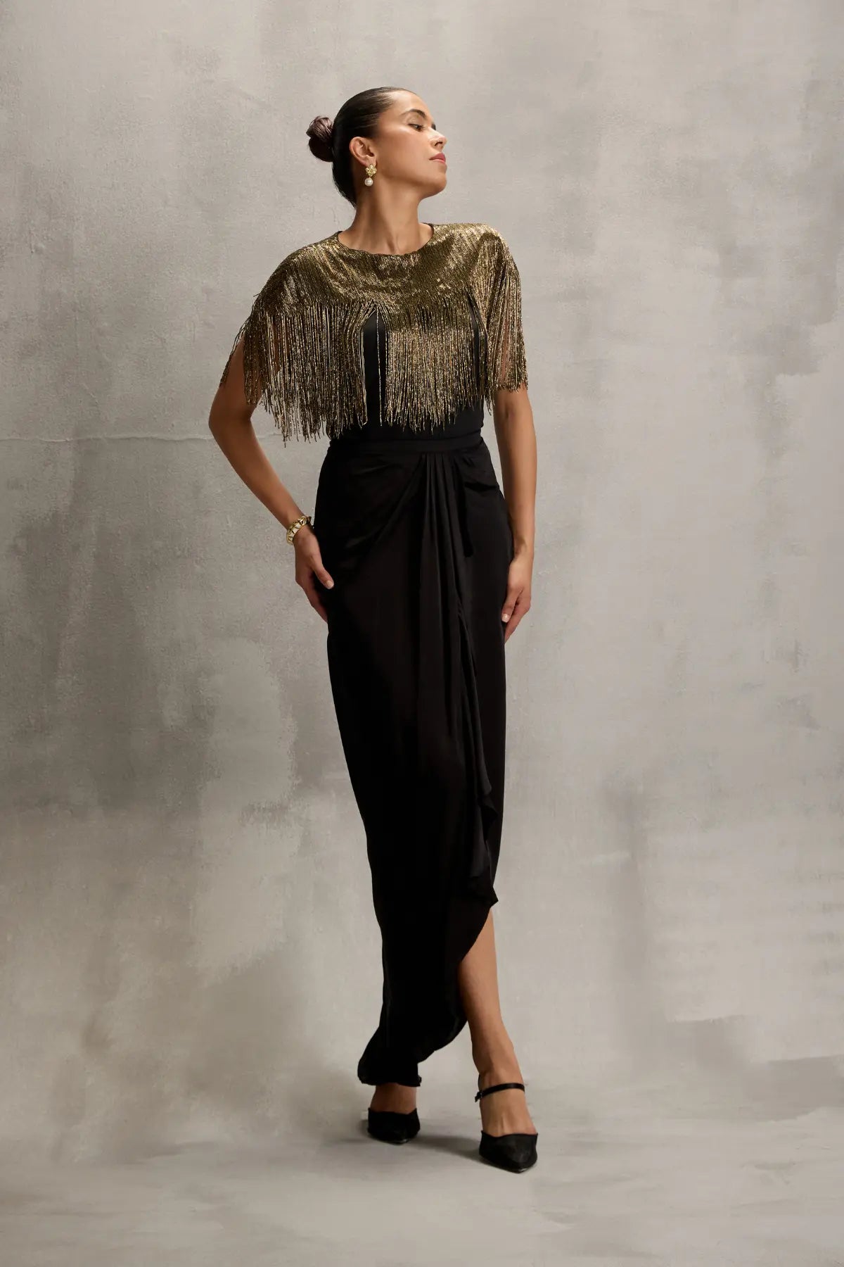 Akari Gold Fringe Wrap with Drape Skirt Namrata Joshipura