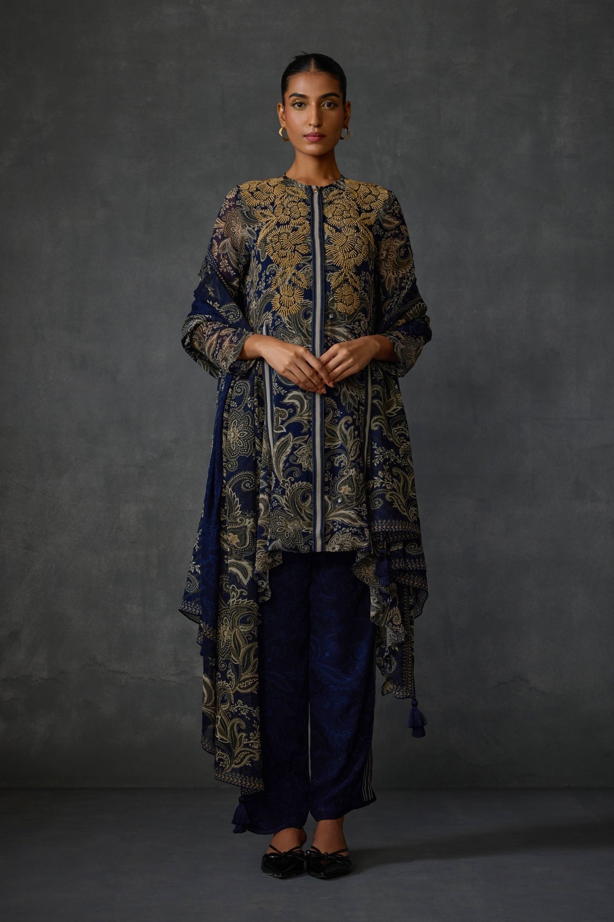 Myrrah Paisley Trapeze Asymetric Kurta Set With Dupatta Namrata Joshipura Online