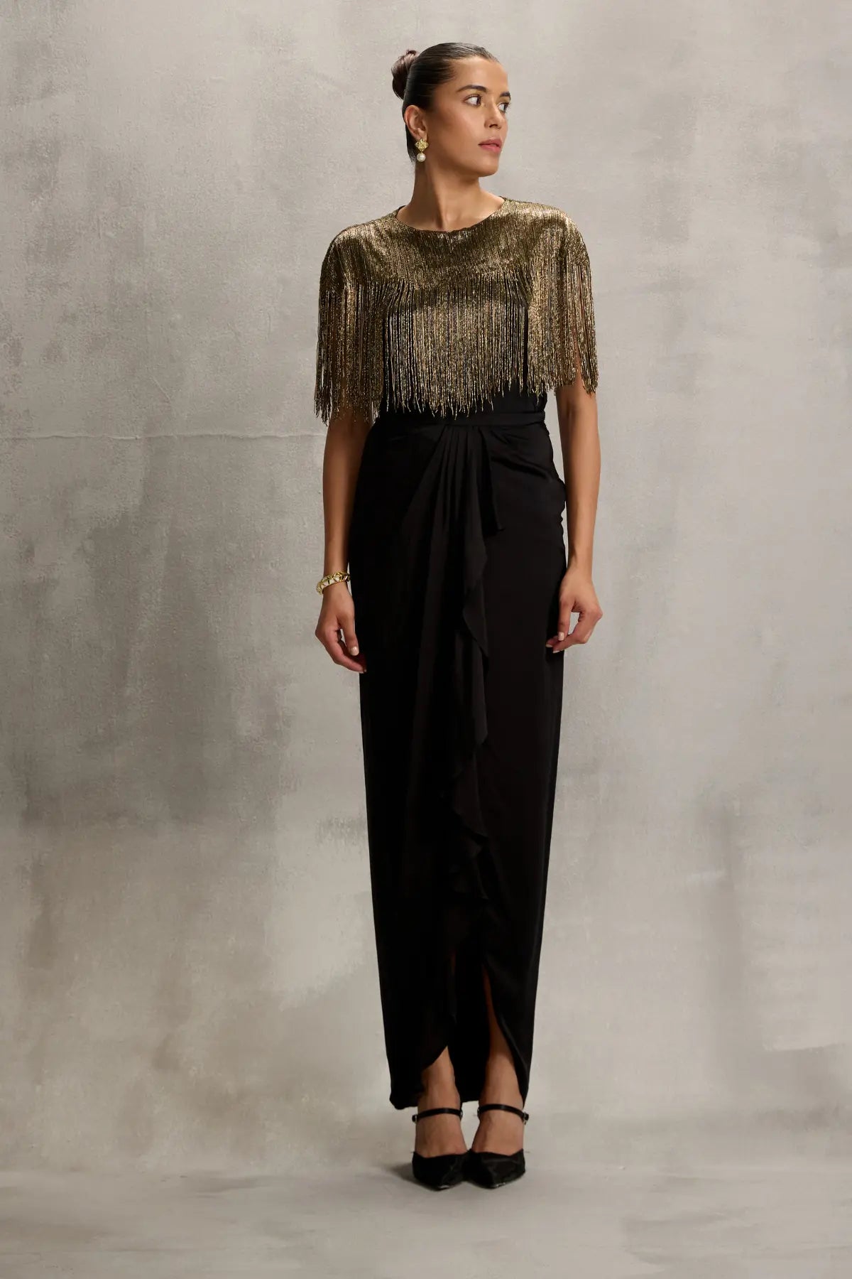 Akari Gold Fringe Wrap with Drape Skirt Namrata Joshipura