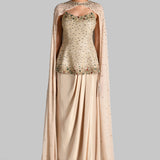 GILDED JEWEL OFF SHOULDER PEPLUM TOP WITH CAPE AND DRAPED SKIRT