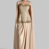 GILDED JEWEL OFF SHOULDER PEPLUM TOP WITH CAPE AND DRAPED SKIRT