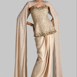 GILDED JEWEL OFF SHOULDER PEPLUM TOP WITH CAPE AND DRAPED SKIRT