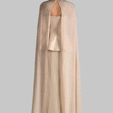 GILDED JEWEL OFF SHOULDER PEPLUM TOP WITH CAPE AND DRAPED SKIRT
