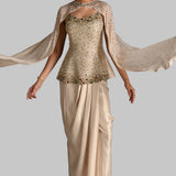 GILDED JEWEL OFF SHOULDER PEPLUM TOP WITH CAPE AND DRAPED SKIRT