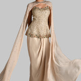 GILDED JEWEL OFF SHOULDER PEPLUM TOP WITH CAPE AND DRAPED SKIRT