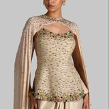 GILDED JEWEL OFF SHOULDER PEPLUM TOP WITH CAPE AND DRAPED SKIRT