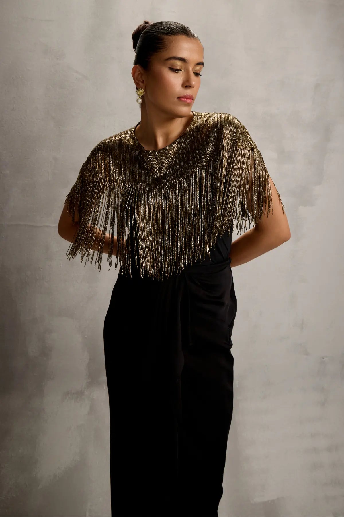 Akari Gold Fringe Wrap with Drape Skirt Namrata Joshipura