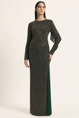 Track Line Embroidered Gown With Slit And Fringe