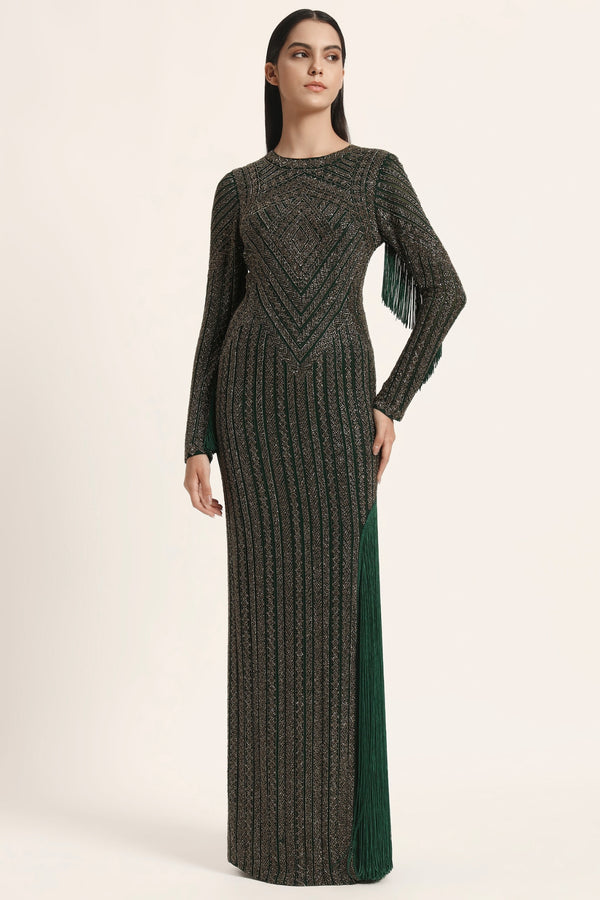 Track Line Embroidered Gown With Slit And Fringe