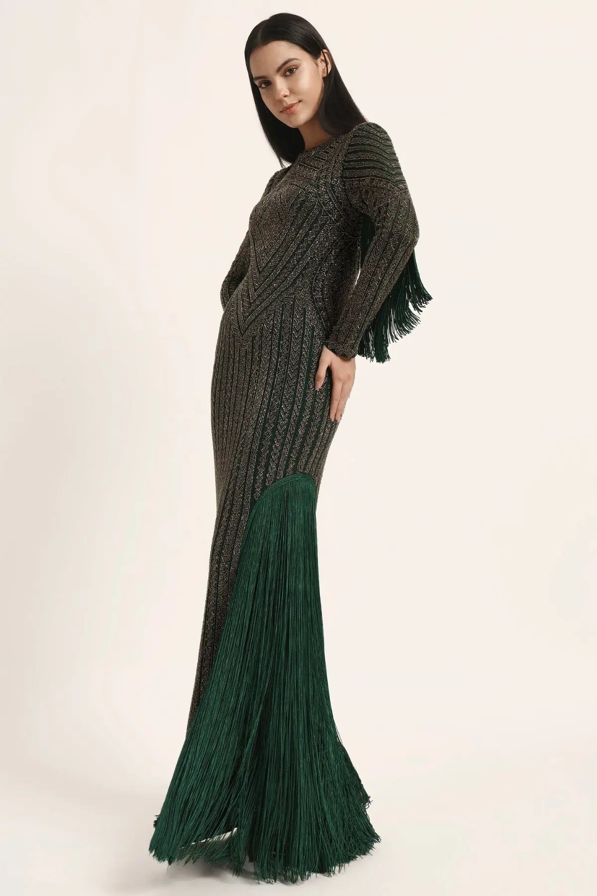 Track Line Embroidered Gown With Slit And Fringe Namrata Joshipura Online