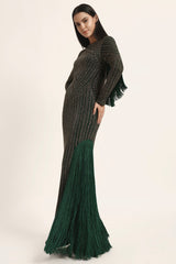 Track Line Embroidered Gown With Slit And Fringe