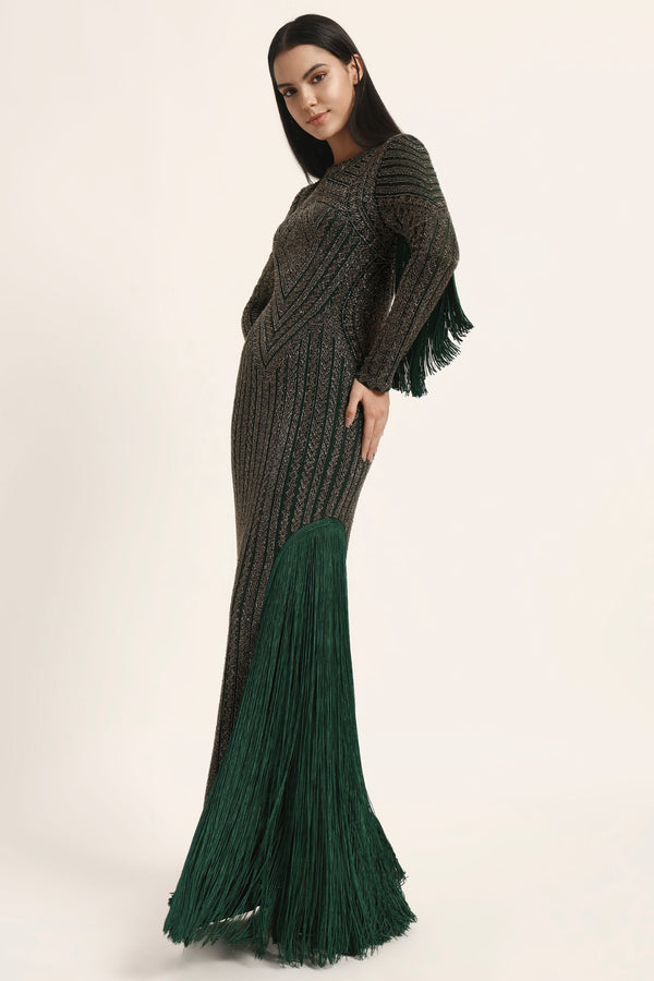 Track Line Embroidered Gown With Slit And Fringe