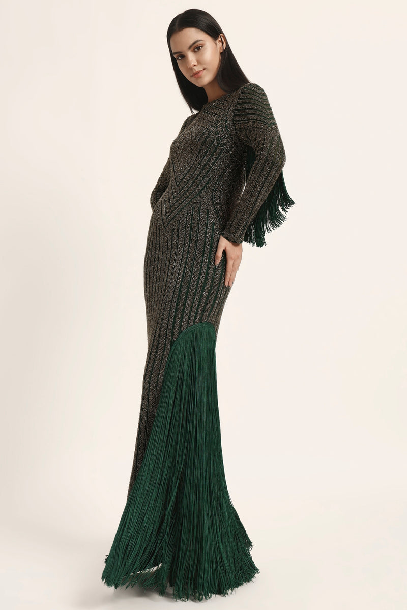 Track Line Embroidered Gown With Slit And Fringe