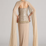 CRYSTAL WAVE CORSET WITH CAPE AND DRAPED SKIRT
