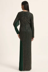 Track Line Embroidered Gown With Slit And Fringe