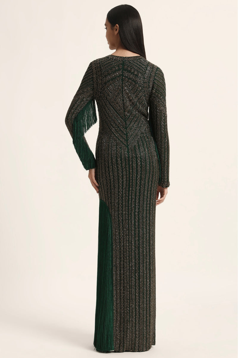 Track Line Embroidered Gown With Slit And Fringe