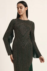 Track Line Embroidered Gown With Slit And Fringe