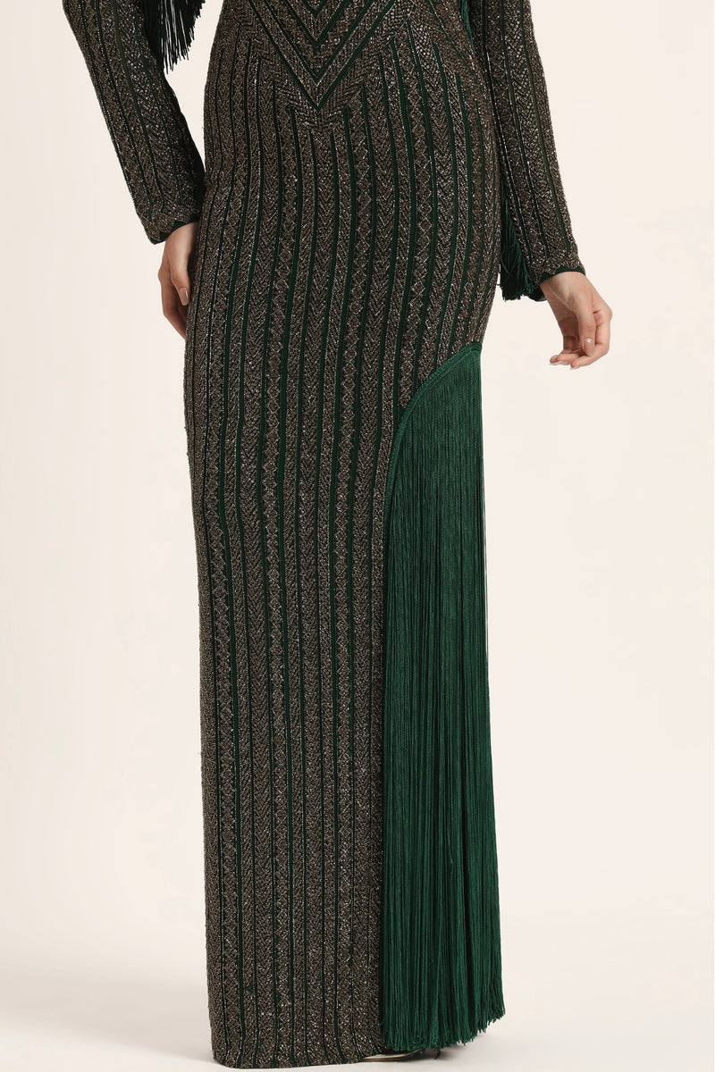 Track Line Embroidered Gown With Slit And Fringe