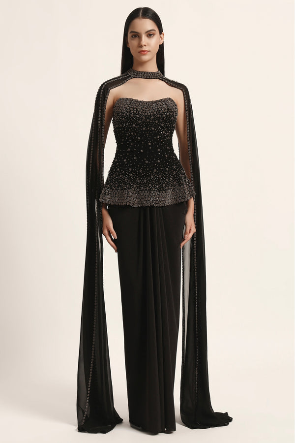 Silver Dust Peplum Top With Skirt And Cape
