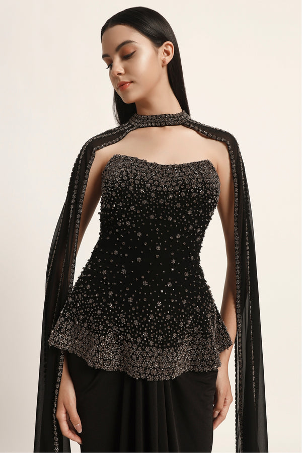 Silver Dust Peplum Top With Skirt And Cape