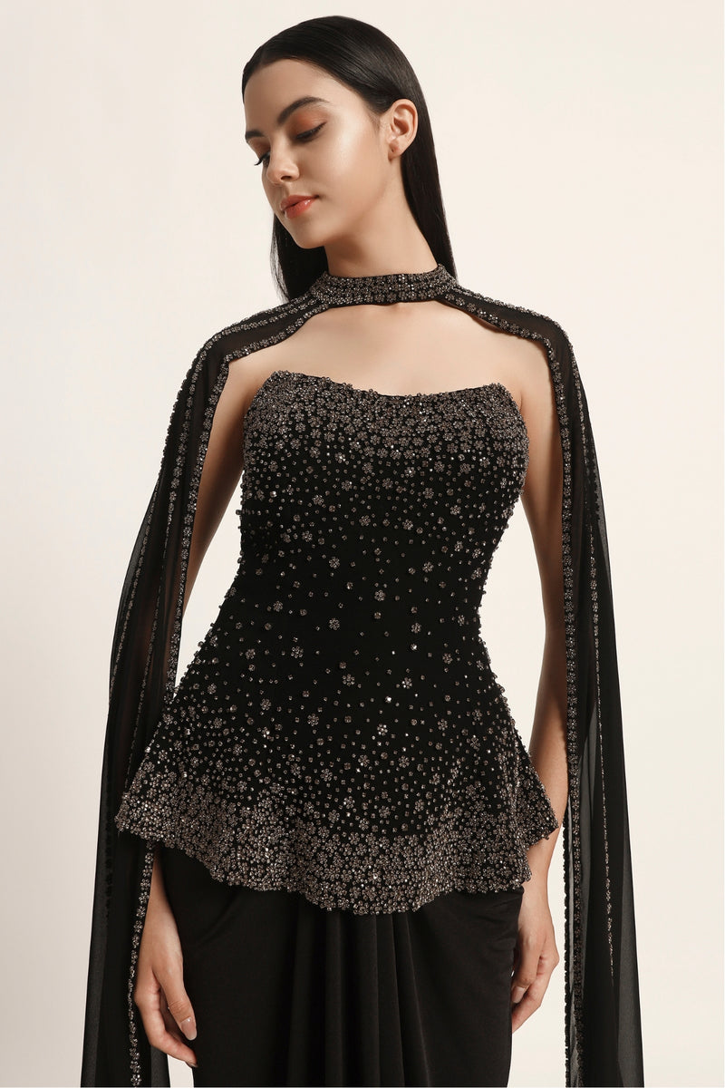 Silver Dust Peplum Top With Skirt And Cape