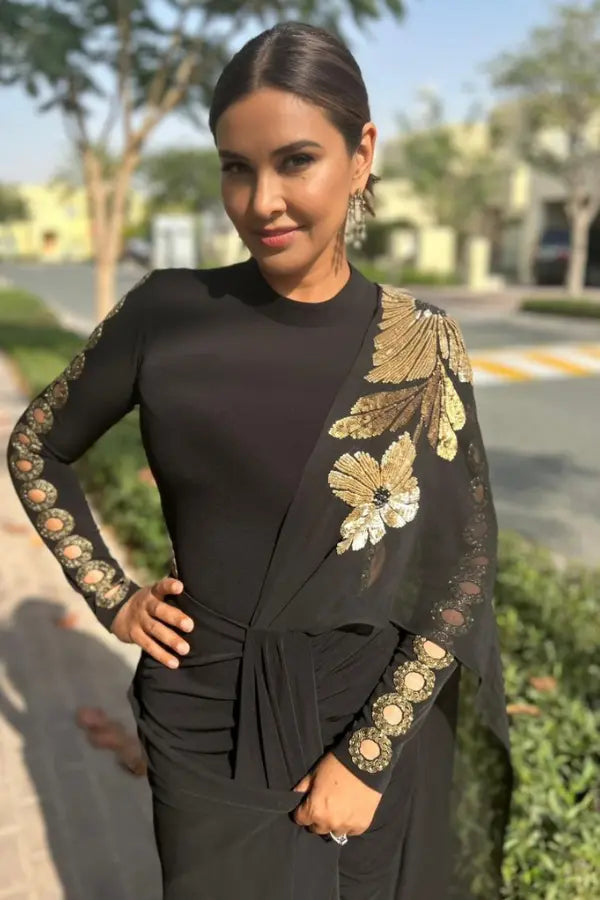 Lisa Ray in Katniss Shimmer Drape Saree Namrata Joshipura Online (Celebrity Muses)