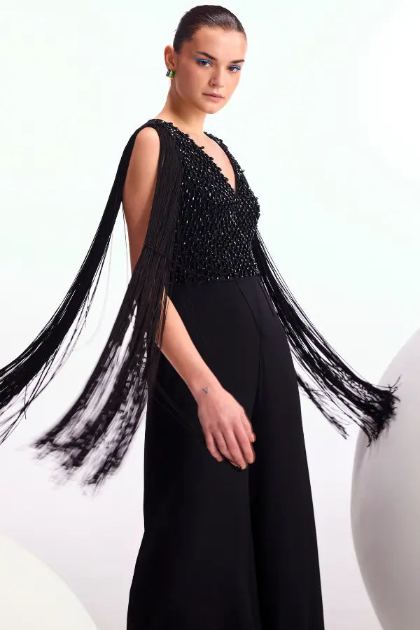 Crystal Drop Fringe Sleeves Jumpsuit Namrata Joshipura