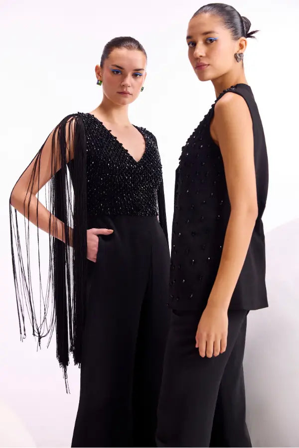 Crystal Drop Fringe Sleeves Jumpsuit Namrata Joshipura