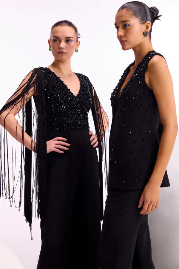 Crystal Drop Fringe Sleeves Jumpsuit Namrata Joshipura