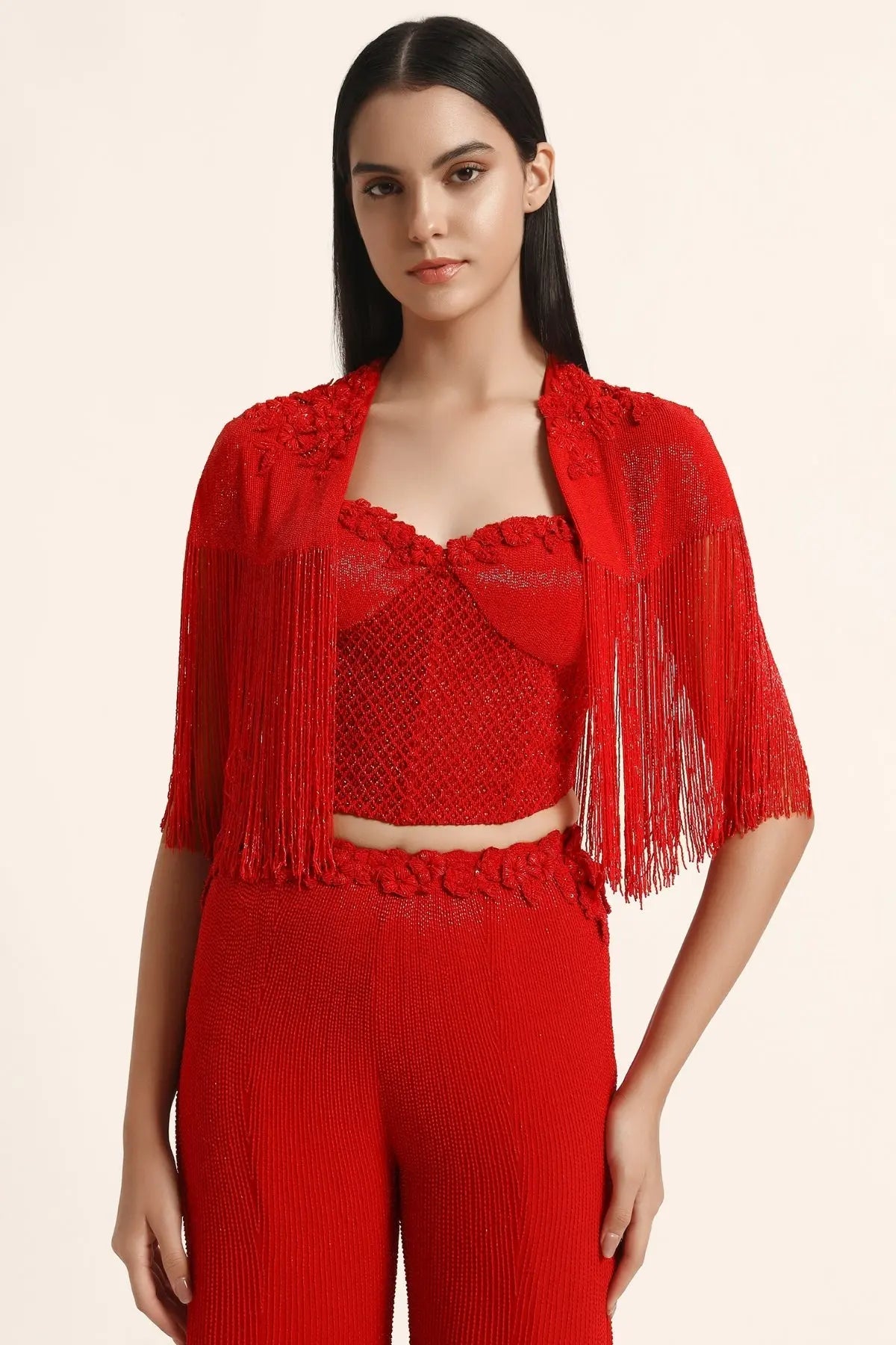 Rosette Fringes Cape With Bustier And Sharara Namrata Joshipura Online