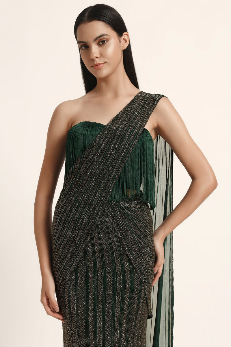 Track Line Embroidered Saree With Fringe Blouse