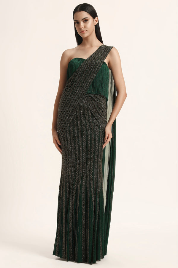 Track Line Embroidered Saree With Fringe Blouse